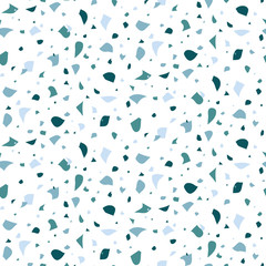 Abstract seamless pattern in terrazzo style. Blue, marine  color. Vector background. Print for wallpaper, backdrop, fabric, etc.