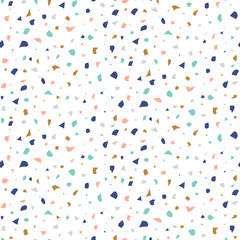 Abstract seamless pattern in terrazzo style. Multicolor haotic stains. Vector background. Print for wallpaper, backdrop, fabric, etc.
