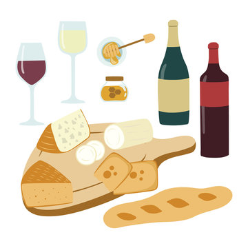 Wine and cheese hand drawn illustration set. Gourmet collection. Vector clipart.