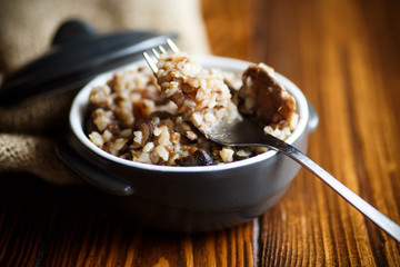 Boiled buckwheat with fried mushrooms