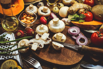 cooking. champignons. tomatoes, pumpkin. food background.