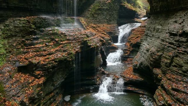 Rainbow Falls and the Triple Cascade are beautiful waterfalls found at Watkins Glen State Park in the Finger Lakes Region of Upstate New York. Seamlessly looping video footage.