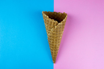 Ice cream. Wafer cone. Summer minimal Concept. Two tone color background. Empty space for text and design