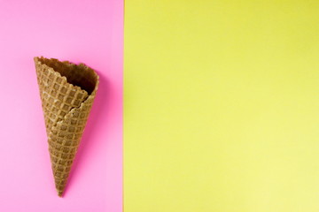 Ice cream. Wafer cone. Summer minimal Concept. Two tone color background. Empty space for text and design
