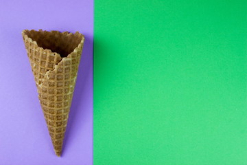 Ice cream. Wafer cone. Summer minimal Concept. Two tone color background. Empty space for text and design