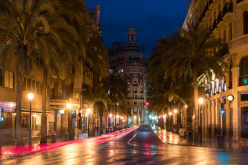 Fototapeta na wymiar Night street view in Valencia downtown, Spain. Palm Trees in Spanish City of Valencia.