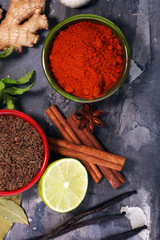 Spices and herbs on table. Food and cuisine ingredients.