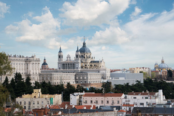 Fototapeta na wymiar Madrid landmark. Landscape of Santa Maria la Real de La Almudena Cathedral and the Royal Palace. Beautiful skyline at Madrid, Spain.