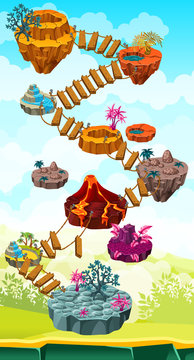 Isometric colorful game islands with ladder between them. Vector illustration with volcano, desert, lake and fantastic  landscapes.