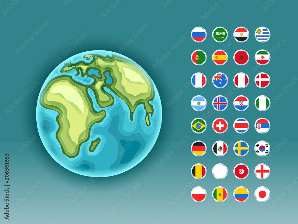 Poster infographics. earth map with flags of different countries
