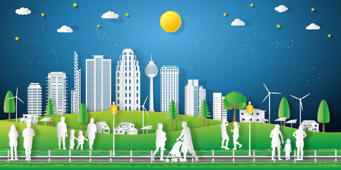 landscape of peoples exercise and relax in the night city on summer, fresh air in the park as nature, healthy, paper art and craft style concept. vector illustration.