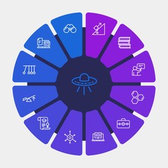 science, education Infographic Circle outline Icons Set. Contains such Icons as  spaceship,  tutor,  alien,  chemistry,  concept,  textbook,  space,  lab, ufo and more. Fully Editable. Pixel Perfect