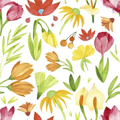 Watercolor flowers seamless pattern. Included branches and flowers elements.Perfect for you postcard design,invitations, projects, wedding card, poster, packaging.