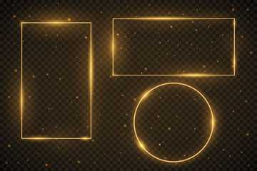 Makeup mirror isolated with gold lights. Vector square and round frames illustration.