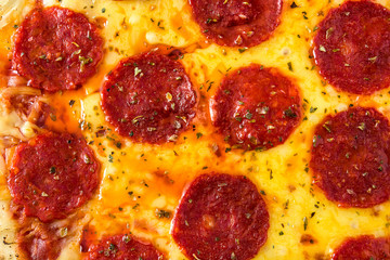 Hot italian pepperoni pizza background. Top view. Close up