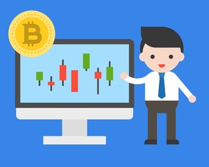 Businessman present candle bar of bitcoin, flat design cryptocurrency analysis business concept