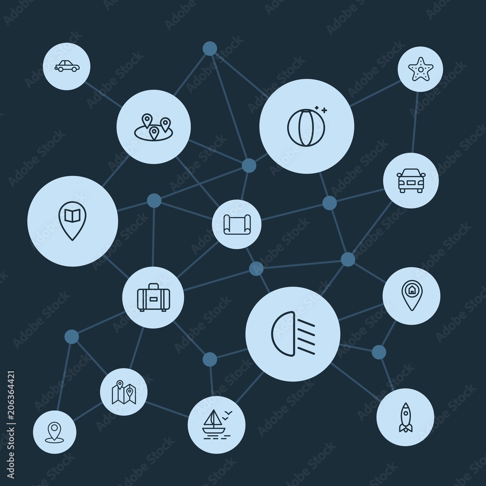 Poster abstract background with polygonal connected lines and transports, location, travel outline icons. c