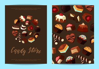 Fototapeta na wymiar Vector card or flyer set for with cartoon chocolate candies
