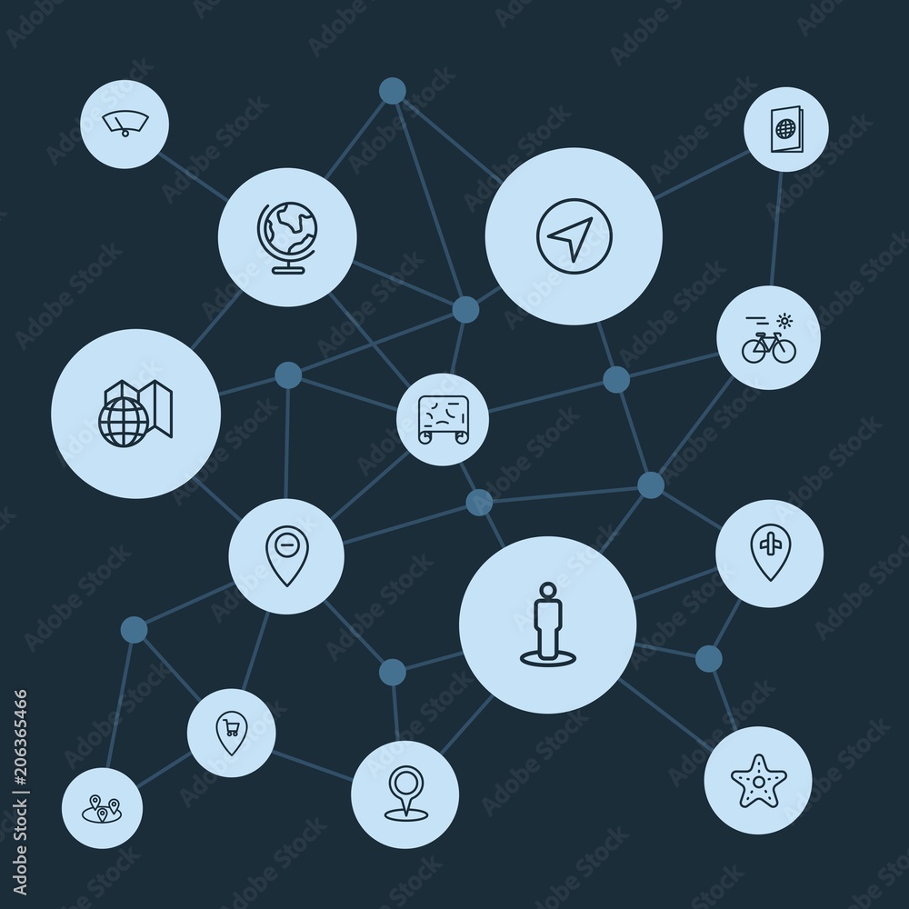 Poster abstract background with polygonal connected lines and transports, location, travel outline icons. c