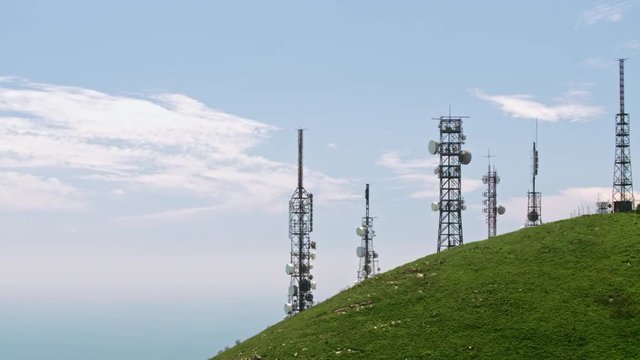 aerial view of telecom antennas telecommunications towers on mountaintop