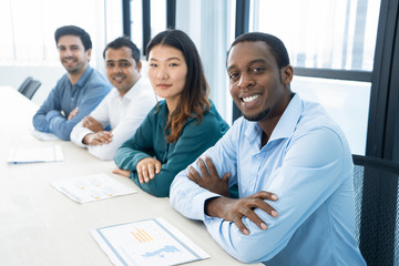 Happy excited multiethnic business students ready for seminar