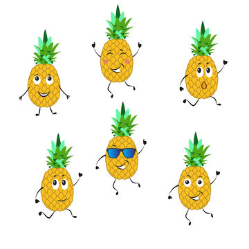 CUTE FUNNY DANCING PINEAPPLE ON WHITE BACKGROUND. HOLIDAY FEELING. SUMMER INSPIRATION TEMPLATE