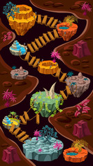 Isometric colorful game islands template with ladder between them and crystal volcano desert ice poisonous lake landscapes vector illustration