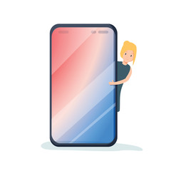 Female millennial character peeping out from behind the mobile phone. Your text here. Template. Smart phone screen.