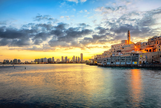 Jaffa Old Town and Tel Aviv skyline on sunrise, Israel