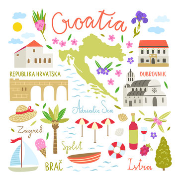 Croatia illustration symbols. Cute travel icons about Croatia