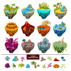 Islands of computer game isometric set with  trees and rivers, volcano landscape, waterfall and icons collection. Isolated vector illustration