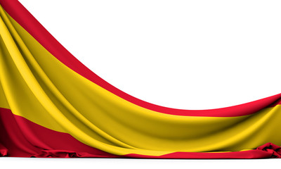 Spain national flag hanging fabric banner. 3D Rendering
