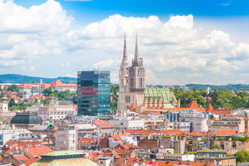 Panoramic view on Zagreb center and catholic cathedral,  Croatia 