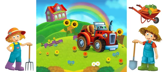 Fotobehang Boerderij cartoon scene with kids on the farm having fun - illustration for children  © honeyflavour