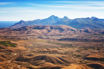 Naklejka premium East Crimea, steppe landscape and mountain Karadag