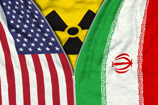 Zipper separates or connects US and Iranian flags with radiation symbol