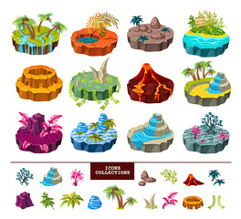 Set of isometric gaming islands with ground, trees and rivers, volcano landscape, waterfall and icons collection. Isolated vector illustration