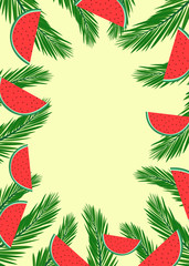 Summer banner with green plam tree leaves and watermelon slices