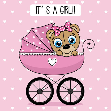 baby shower girl. bear inside baby cart