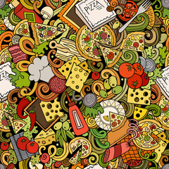 Obraz premium Cartoon cute doodles hand drawn Pizza seamless pattern