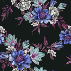 Floral seamless pattern with watercolor peonies, roses, tulips and jasmine flowers