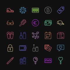 Modern Simple Colorful Set of clothes, shopping, valentine, beauty and cosmetics Vector outline Icons. Contains such Icons as eyeliner,  day and more on dark background. Fully Editable. Pixel Perfect