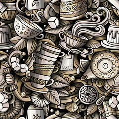Cartoon schattige doodles hand getekende theehuis naadloos patroon