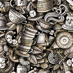 Tapeten Tee Cartoon niedliche Kritzeleien handgezeichnete Teehaus nahtlose Muster