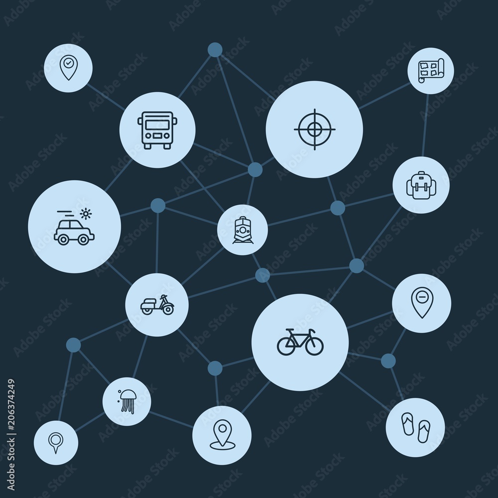 Poster abstract background with polygonal connected lines and transports, location, travel outline icons. c