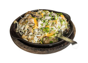 Chinese oyster omelette on hot pan isolated on white background with clipping path