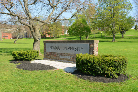 Entrance Sign Of Acadia University, Wolfville, Nova Scotia, Canada.