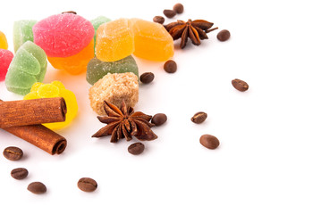 Marmalade, cinnamon, anise and coffee on isolated background