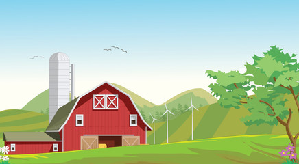 
illustration of Mountain countryside with red farm barn