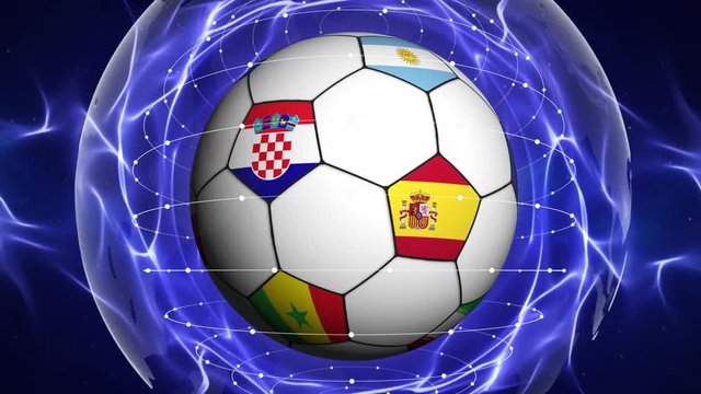 Soccer Ball and World Flag in Blue Abstract Particles Ring, Animation, Background, Loop, 4k